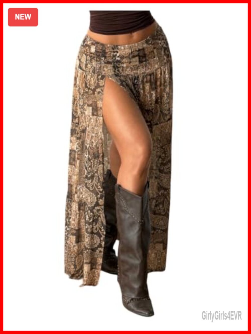 Paisley Maxi Skirt High Slit Low Waist Boho Flowy Women's